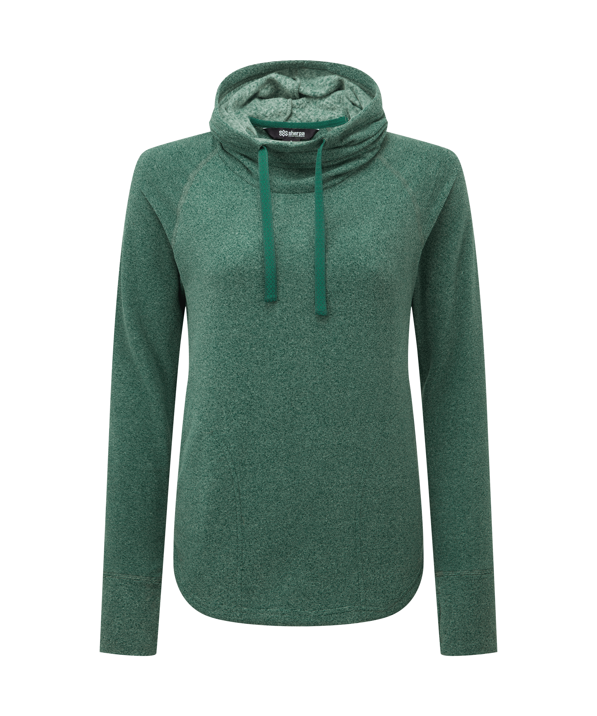 Front view of a women's Sherpa Adventure Gear pullover hoodie in heather green. Features a cozy funnel-neck hood with drawcords, long sleeves, and a flattering curved hem silhouette.