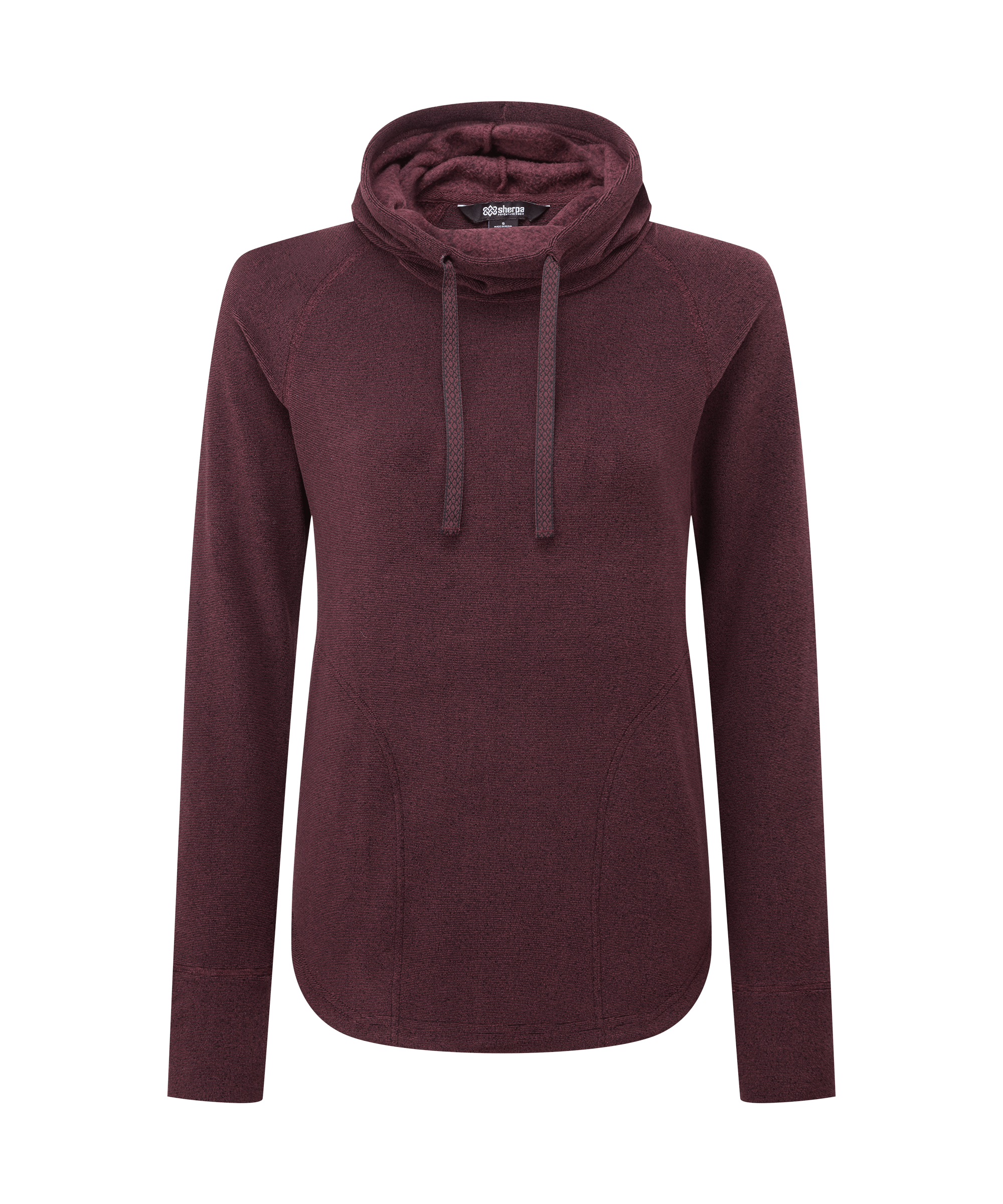 Front view of a women's Sherpa Adventure Gear pullover hoodie in merlot red. Features a soft knit construction, cowl-style hood with drawcords, long sleeves, and a comfortable casual fit.