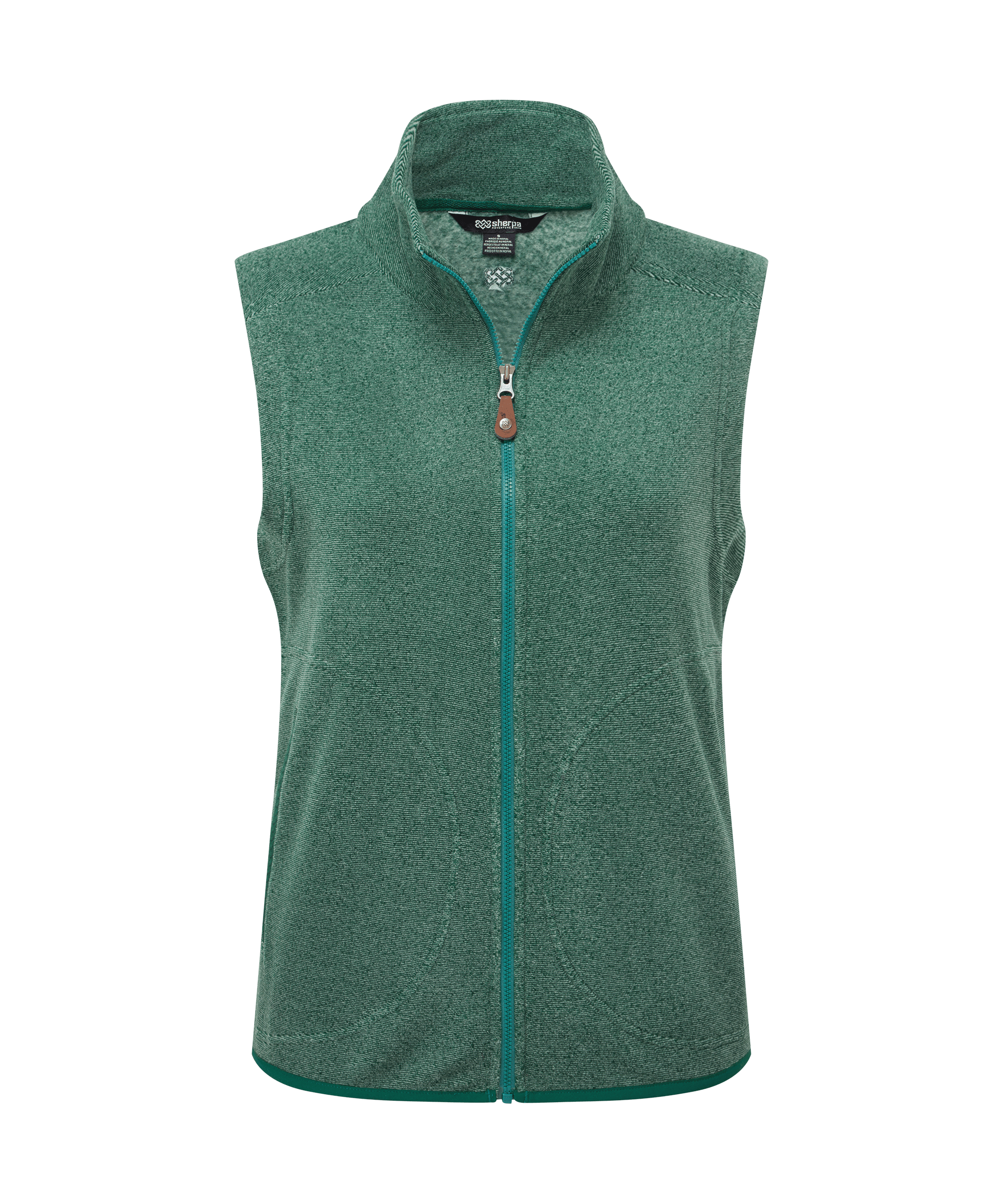 Front view of a women's Sherpa Adventure Gear Rolpa vest in heather green. Features lightweight fleece fabric, a full front zipper, stand collar, sleeveless design, and a streamlined fit for layering.