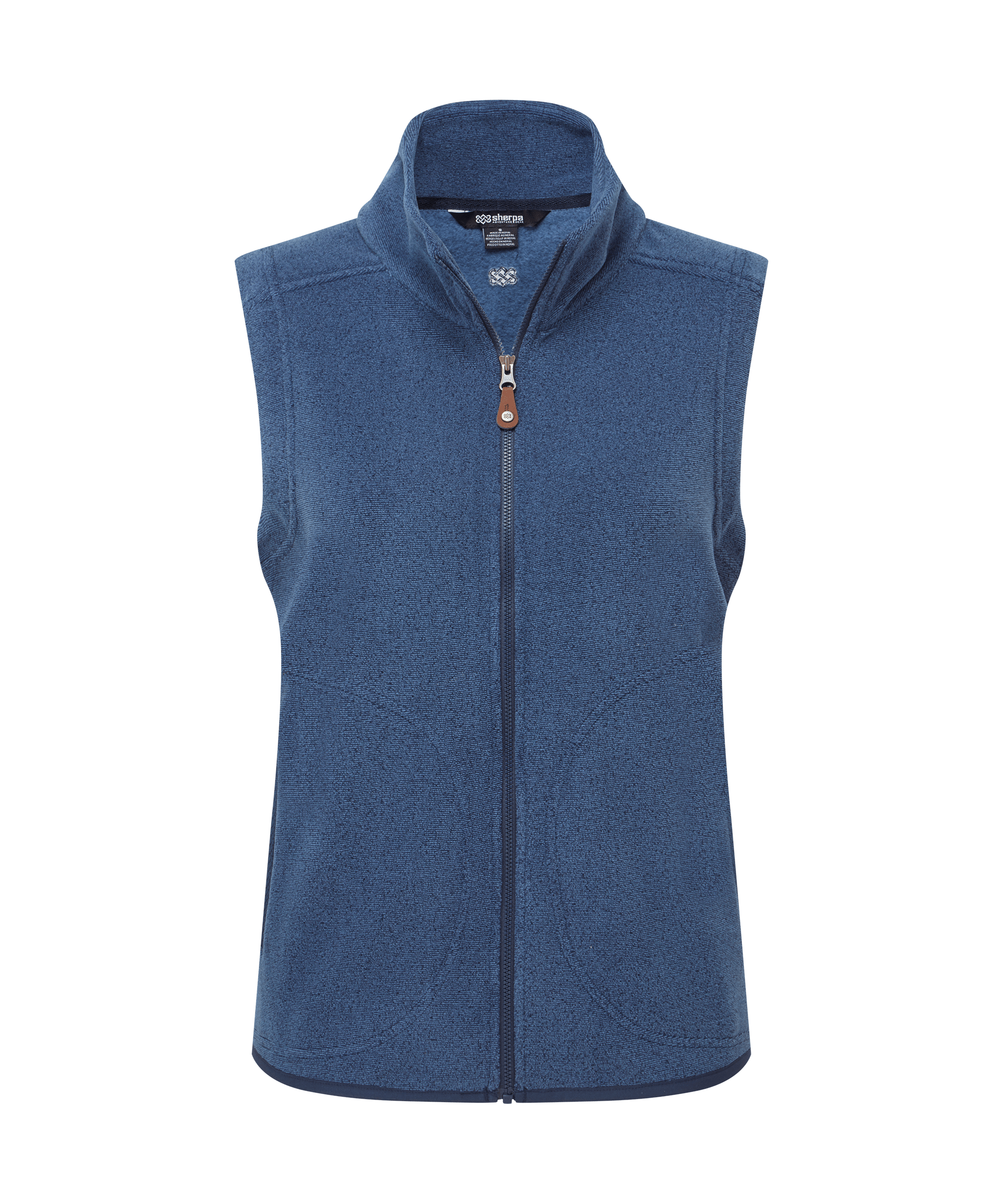 Front view of a women's Sherpa Adventure Gear Rolpa vest in heather blue. Features soft fleece construction, a full-zip front, stand-up collar, and sleeveless silhouette for versatile layering.