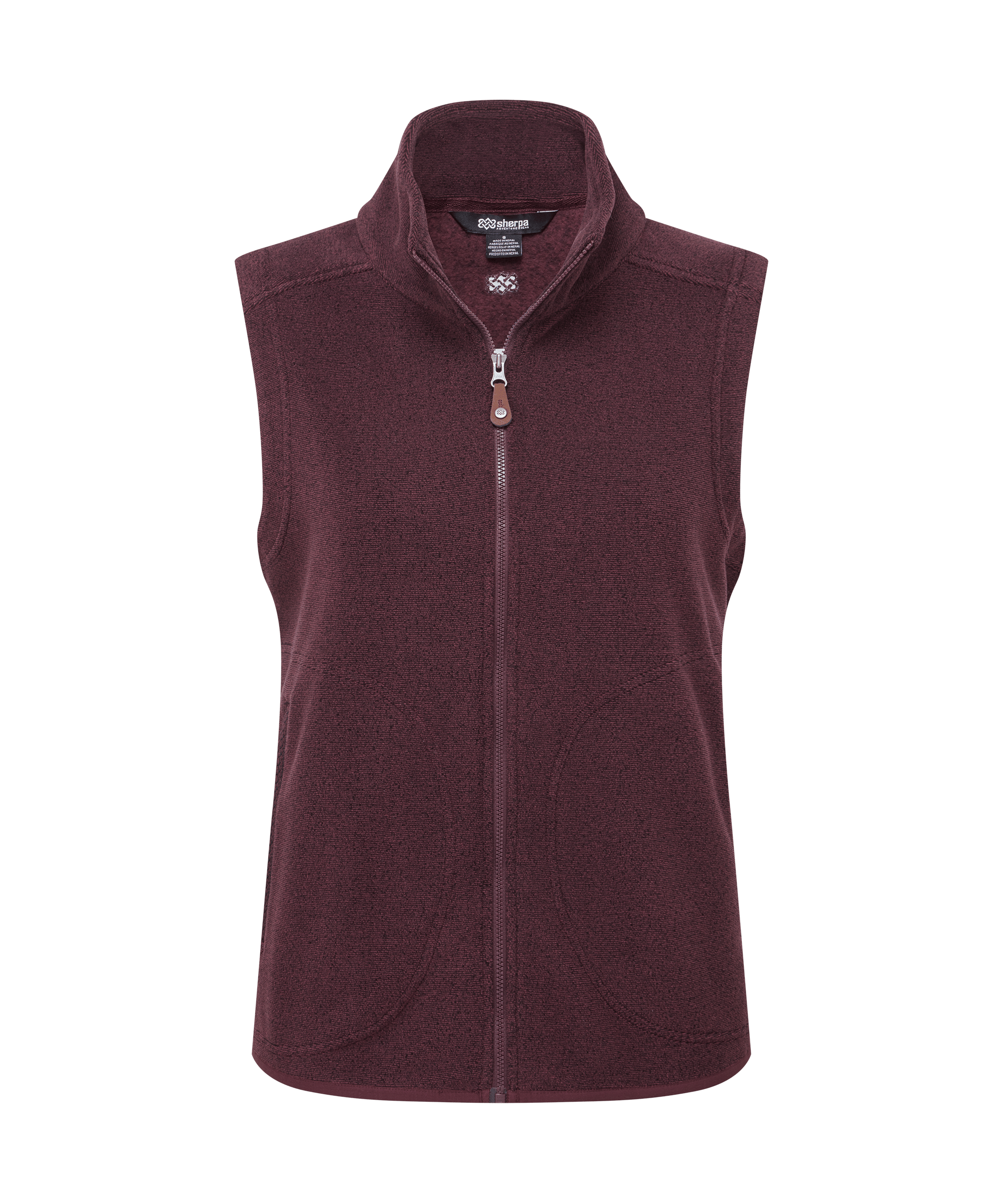 Front view of a women's Sherpa Adventure Gear Rolpa vest in merlot red. Features warm fleece fabric, a full-length zipper, stand collar, and sleeveless design ideal for transitional weather.