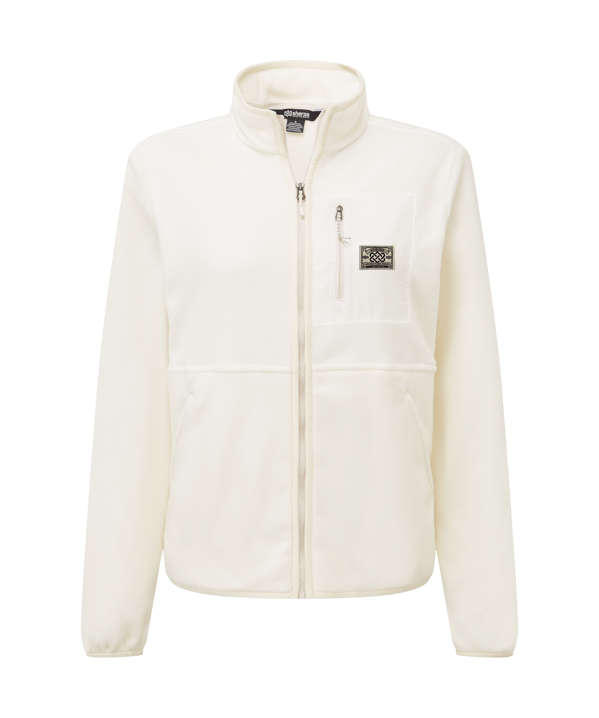 Front view of a women's Sherpa Adventure Gear full-zip fleece jacket in soft ivory white. Features a stand collar, full-length zipper closure, zippered hand pockets, and a clean, minimalist silhouette. Designed with a relaxed fit for everyday layering and lightweight warmth.