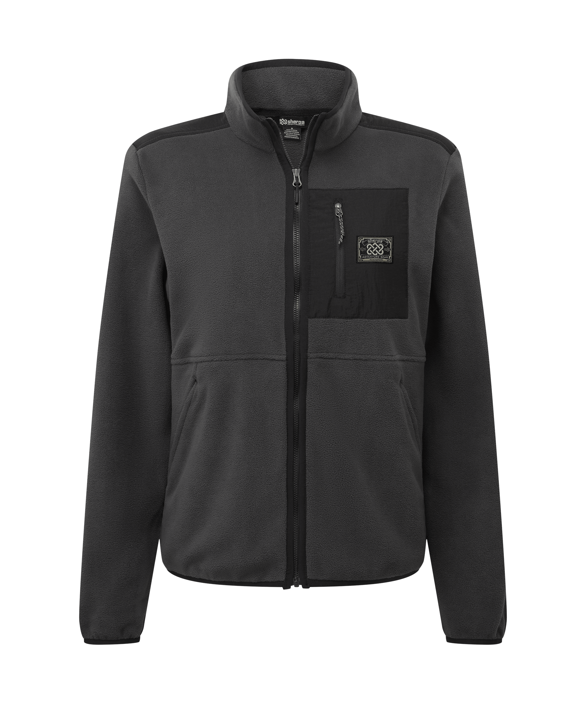 Front view of a women's Sherpa Adventure Gear full-zip fleece jacket in classic black. Features a high stand collar, contrast chest pocket detail, full-front zipper, and zippered side pockets. A versatile outdoor-inspired layer with a streamlined fit.
