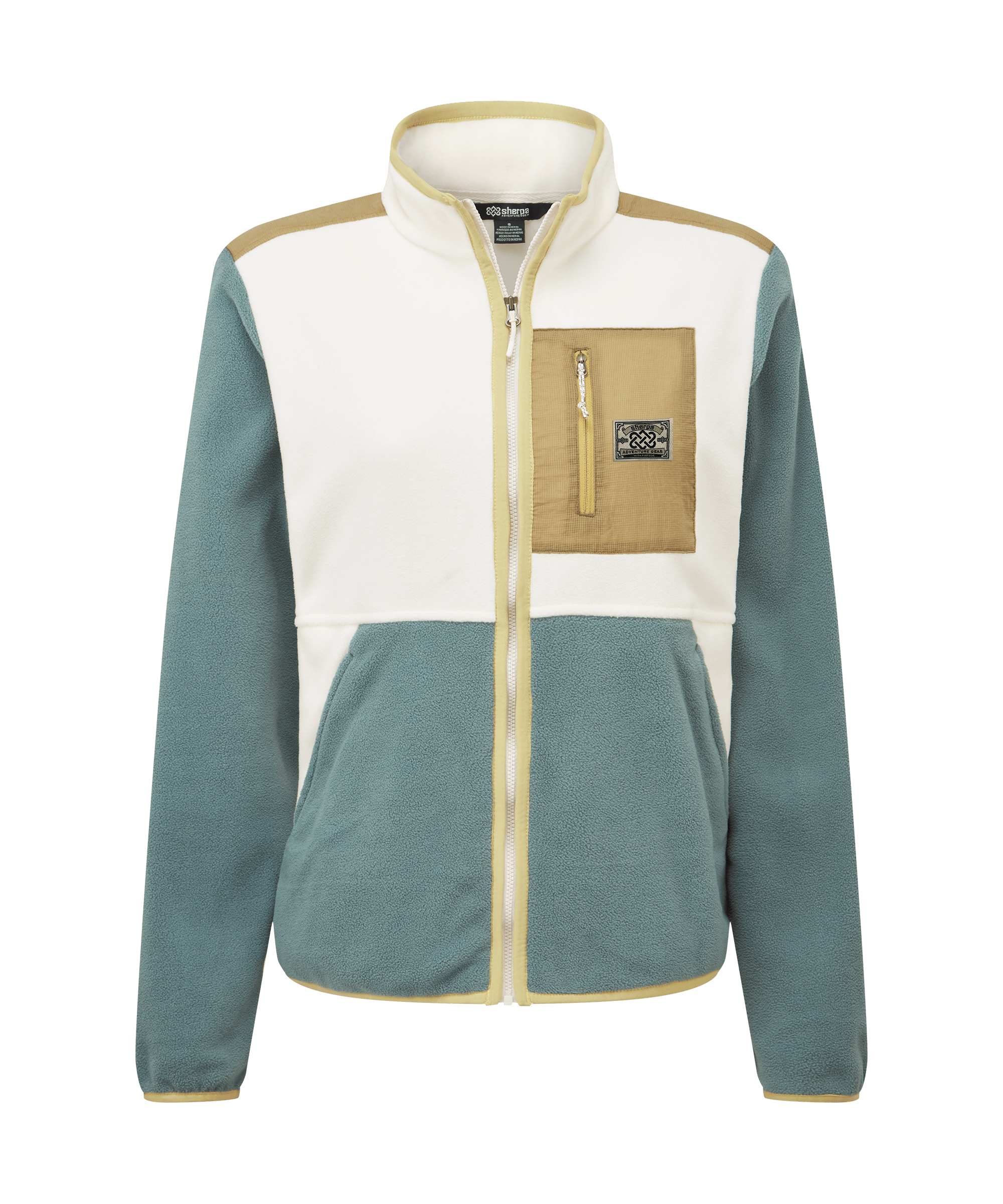 Front view of a women's Sherpa Adventure Gear color-block full-zip fleece jacket in teal, cream, and tan. Features a stand collar, full-front zipper, contrast chest pocket, and zippered hand pockets. The retro-inspired color blocking adds a modern outdoor aesthetic.