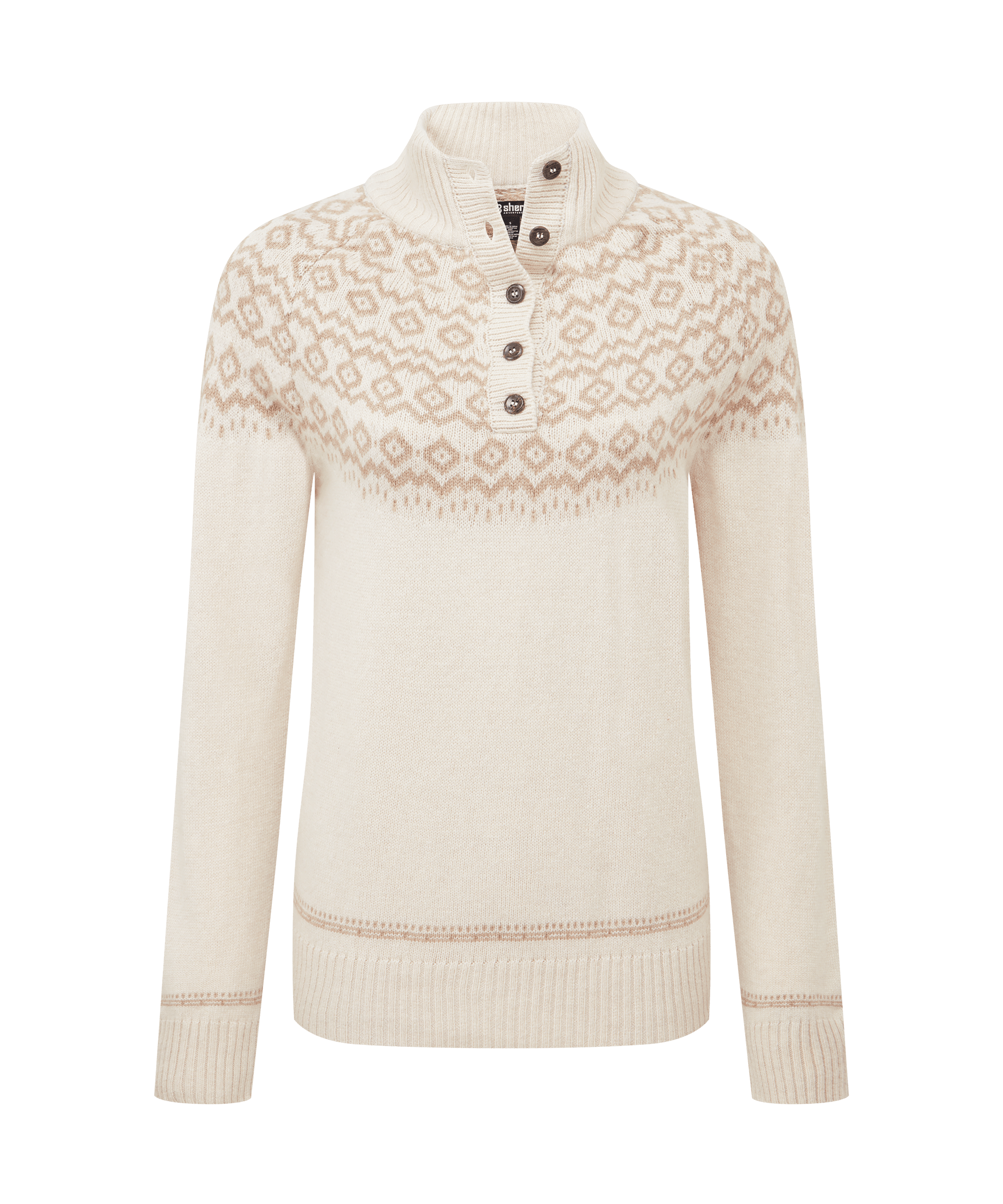 Front view of a women's Sherpa Adventure Gear pullover sweater in warm cream white. Features a Nordic-inspired Fair Isle yoke pattern, a cozy funnel neckline with button placket, ribbed trim, and a soft knit construction for cold-weather comfort.