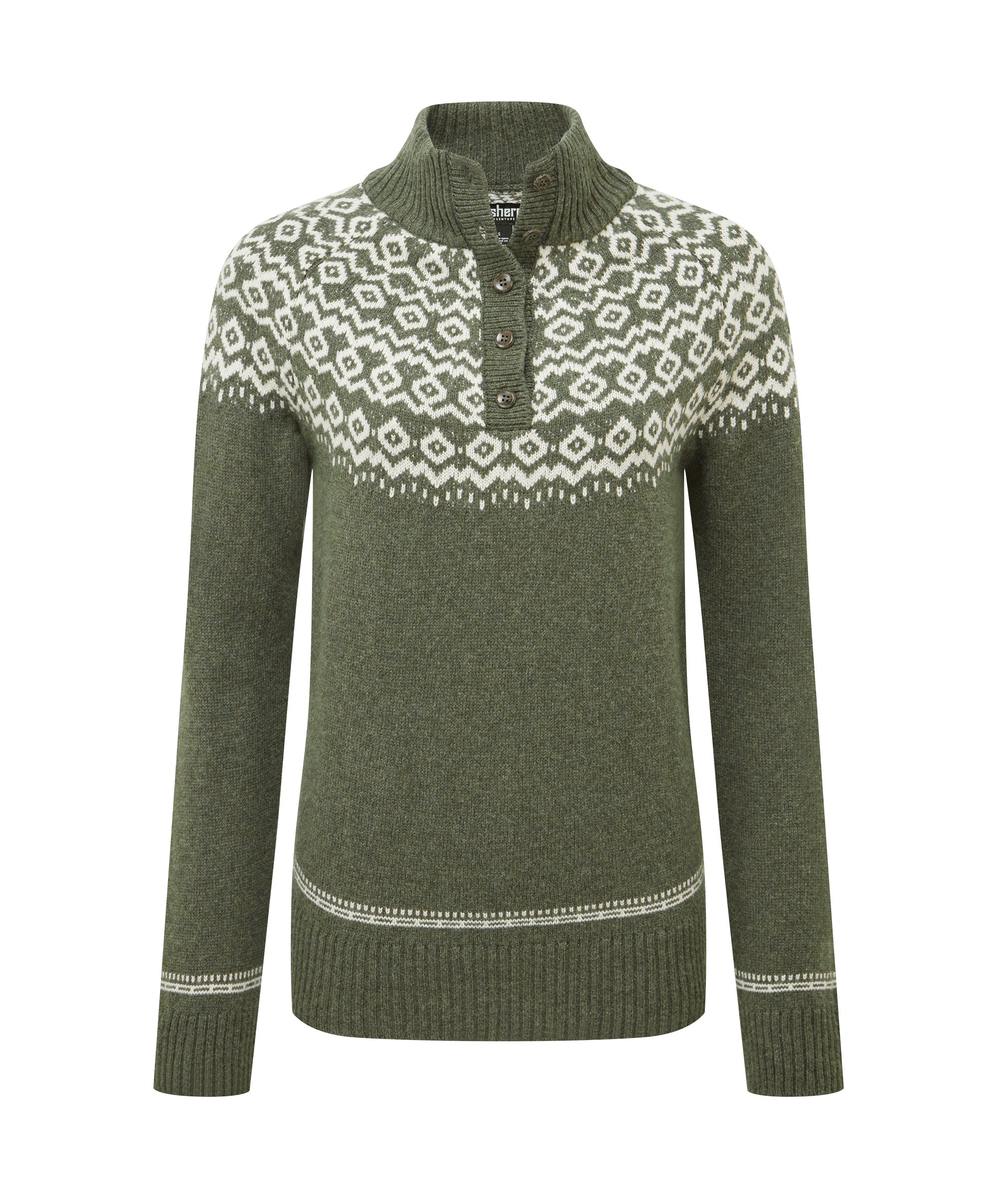 Front view of a women's Sherpa Adventure Gear pullover sweater in heather olive green. Features an intricate Fair Isle yoke design in contrasting white, a buttoned mock-neck collar, ribbed cuffs and hem, and a classic relaxed fit.