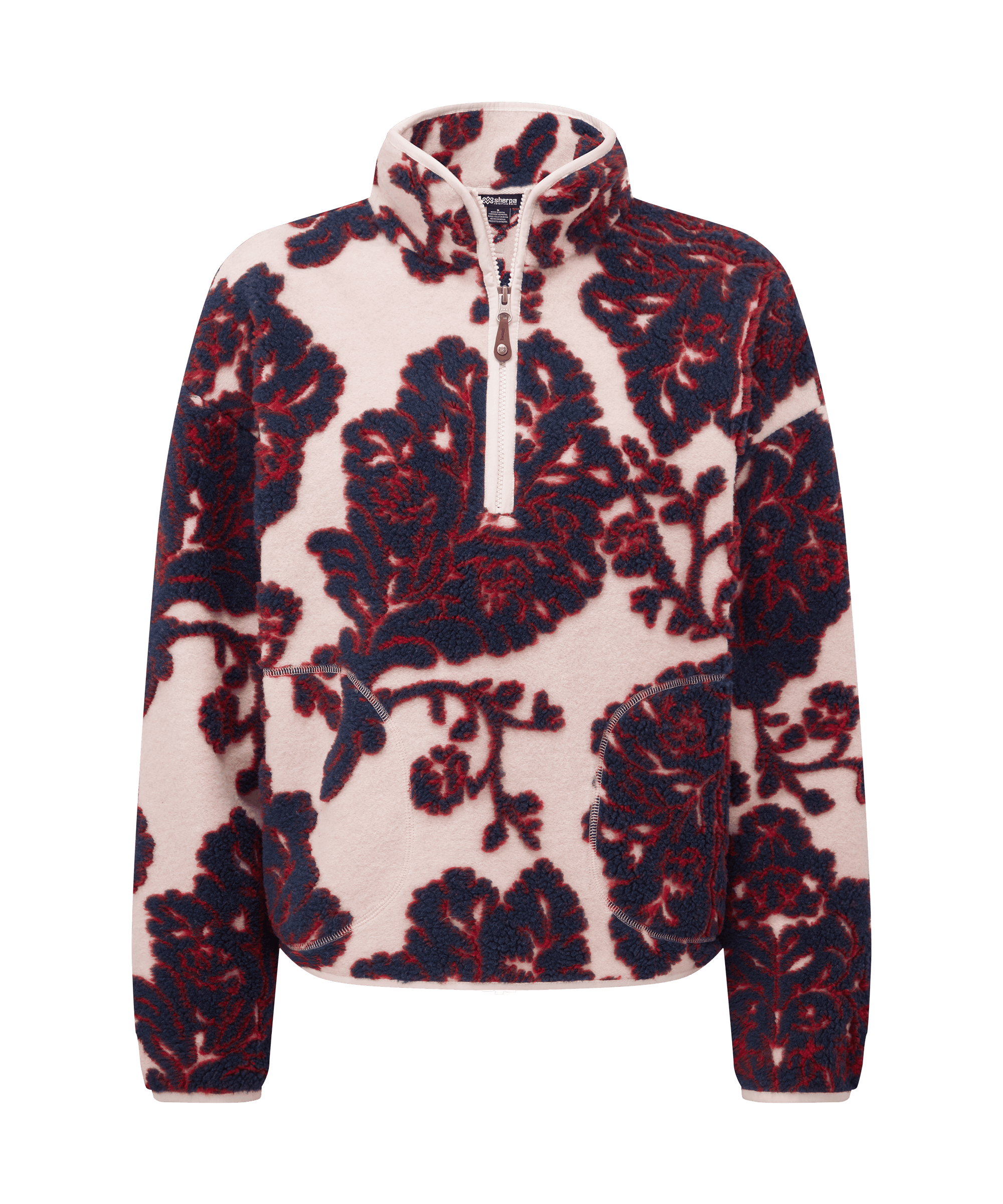 Front view of a women's Sherpa Adventure Gear quarter-zip sweater in cream white with bold floral-inspired artwork. Features a stand collar, quarter-zip closure, long sleeves, and an eye-catching allover print that blends warmth with distinctive style.