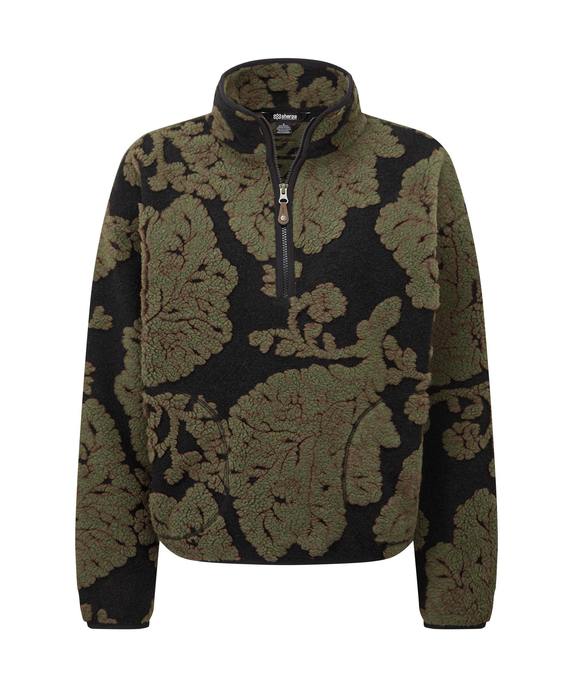 Front view of a women's Sherpa Adventure Gear quarter-zip sweater in olive green and black. Features a high collar, quarter-zip closure, and a large-scale floral jacquard pattern throughout. Designed for warmth and visual impact.