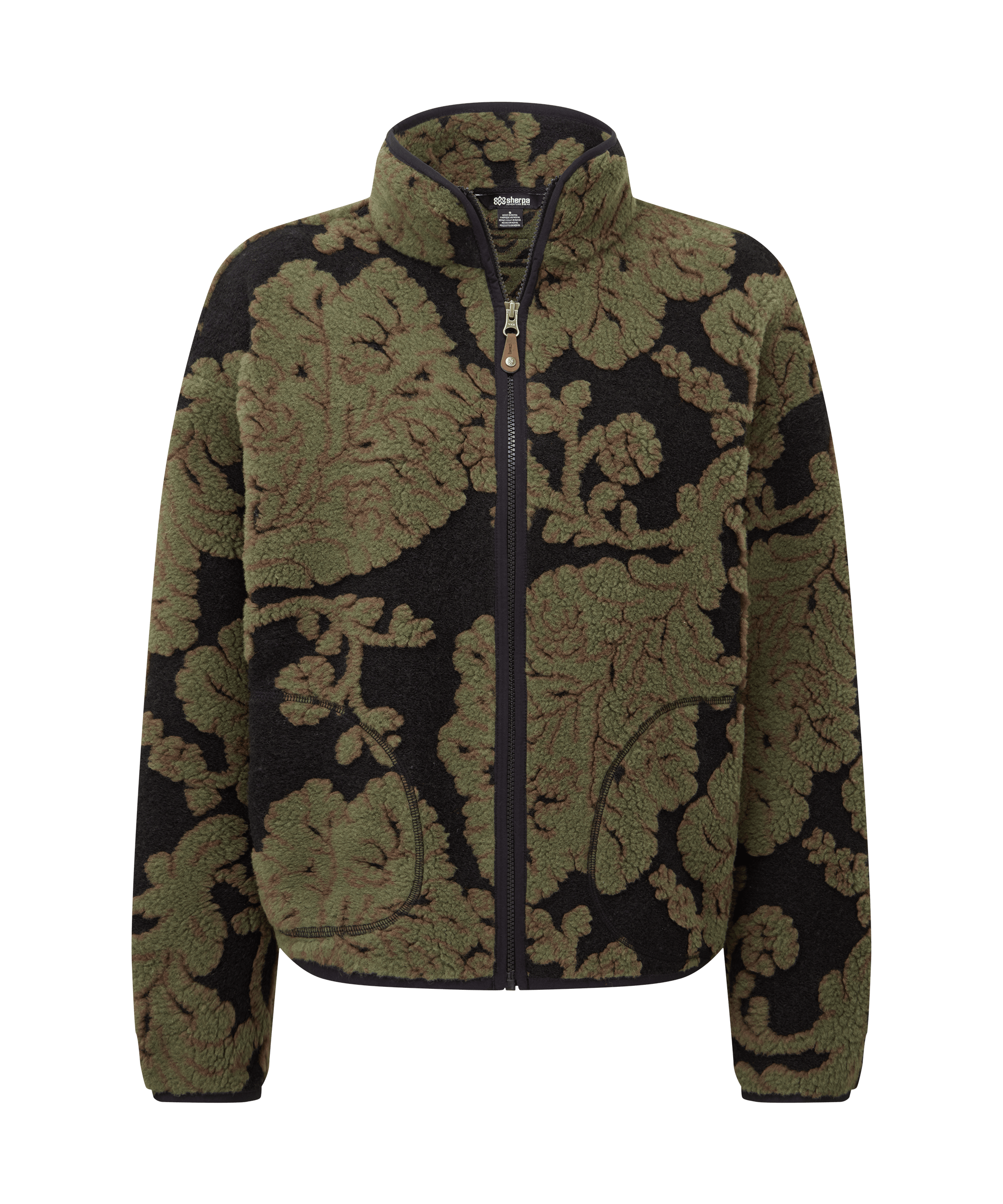 Front view of a women's Sherpa Adventure Gear full-zip fleece jacket in olive green and black. Features a stand collar, full-front zipper, and oversized floral-inspired patterning throughout. A statement layer with a cozy fleece construction.