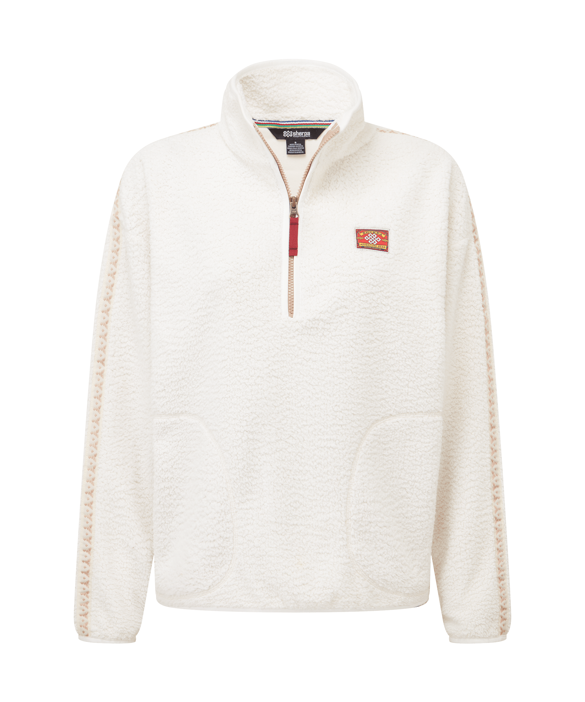 Front view of a women's Sherpa Adventure Gear quarter-zip fleece pullover in soft ivory white. Features a high stand collar, quarter-zip neckline, kangaroo-style pocket, and textured fleece fabric for lightweight warmth and comfort.