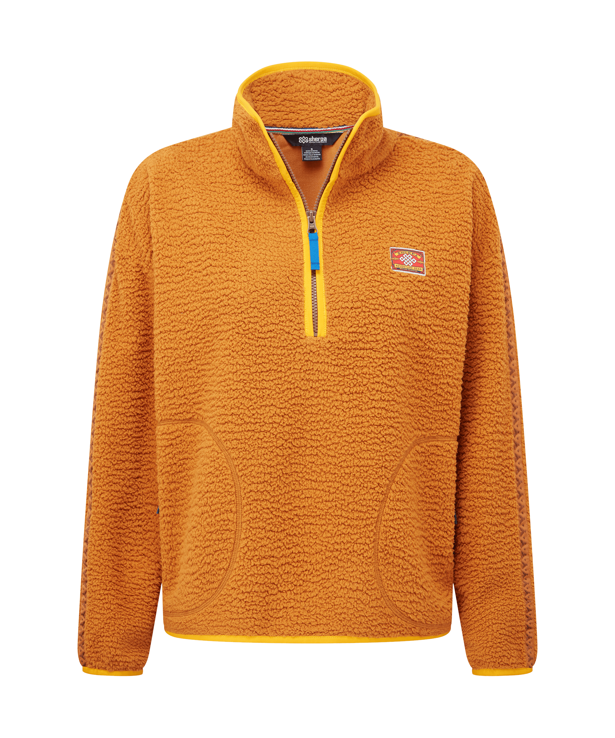Front view of a women's Sherpa Adventure Gear quarter-zip fleece pullover in vibrant golden orange. Features a stand collar, contrast zipper trim, front kangaroo pocket, and a textured fleece finish for a cozy outdoor-ready look.