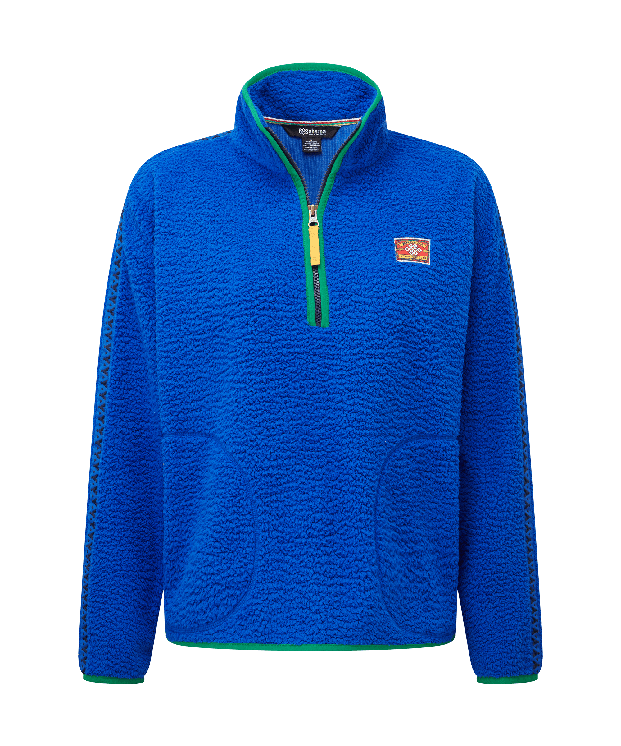 Front view of a women's Sherpa Adventure Gear quarter-zip fleece pullover in bright royal blue. Features a high collar, contrast zip detail, front pouch pocket, and soft textured fleece construction designed for warmth and everyday wear.