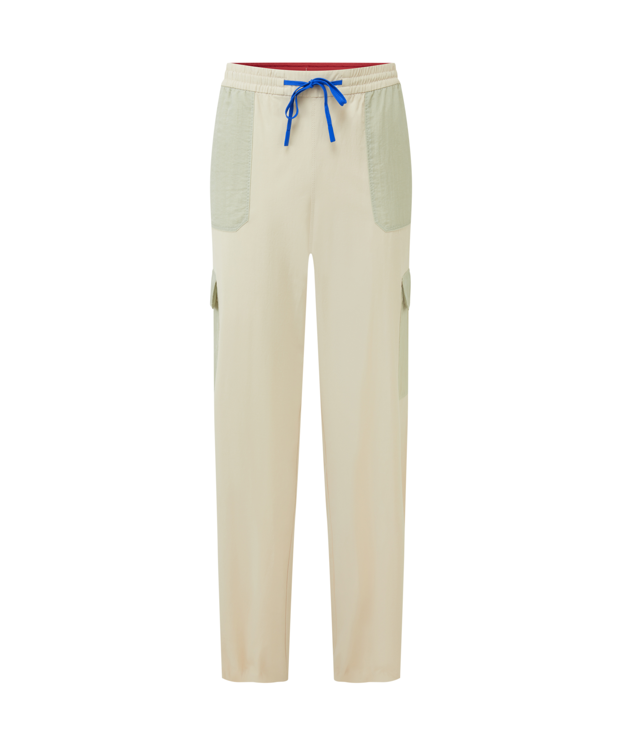 Women's beige pants with a blue drawstring and green pockets on a white background