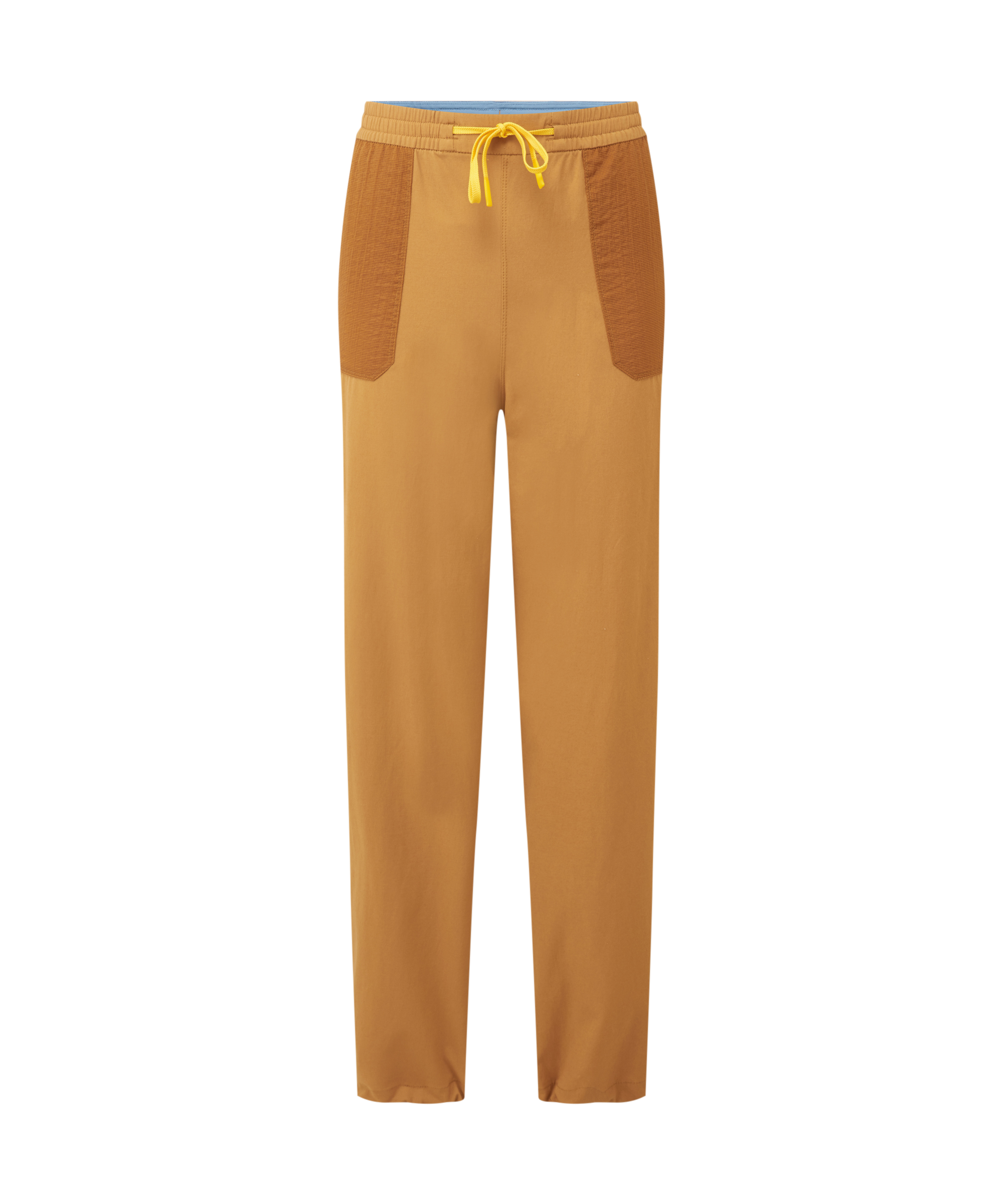 Women's mustard yellow cargo pants with brown patches on a white background