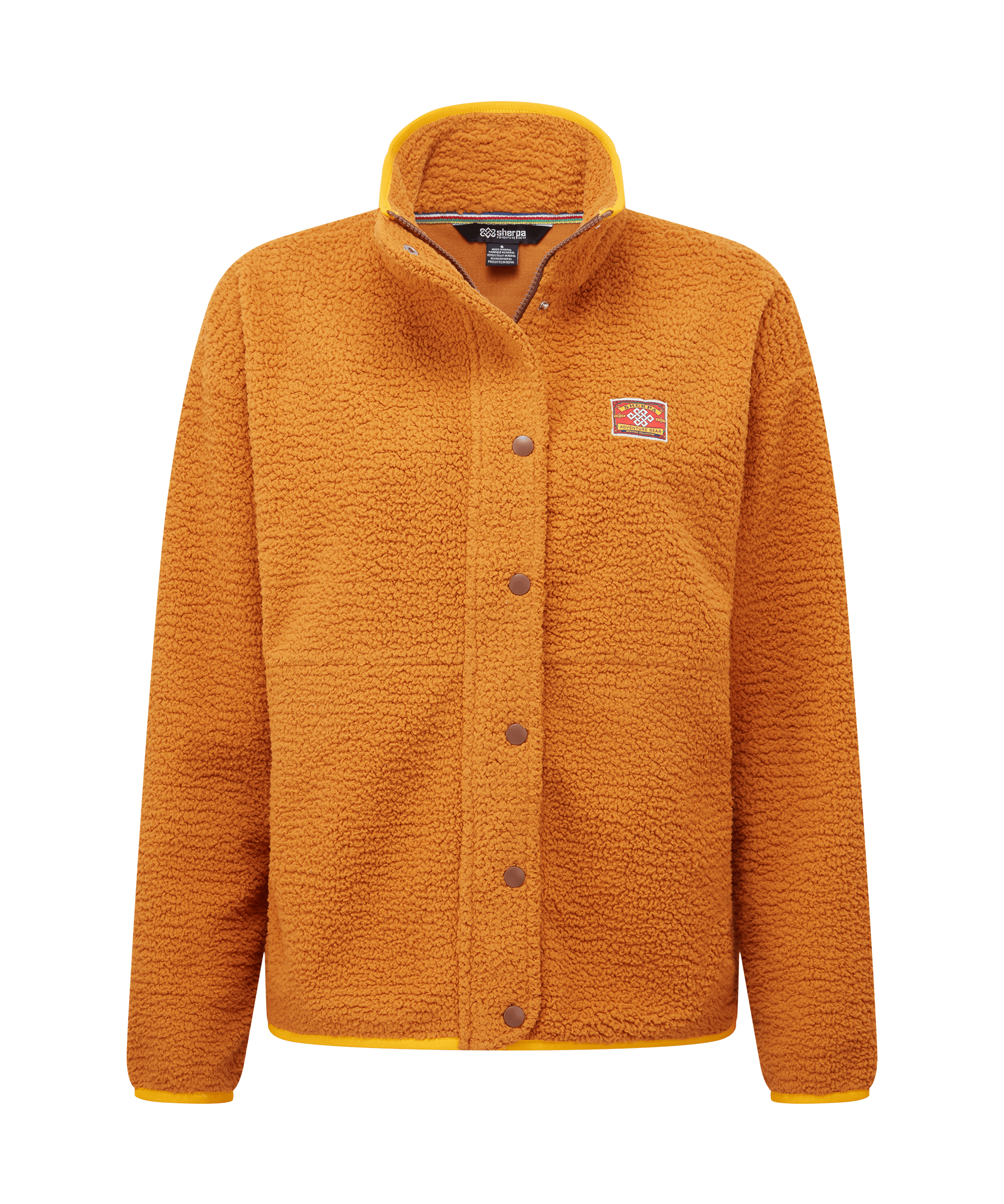 Front view of a women's Sherpa Adventure Gear full-zip fleece jacket in rich golden orange. Features a stand collar, front closure, patch pockets, and a textured fleece construction that combines warmth with casual versatility.