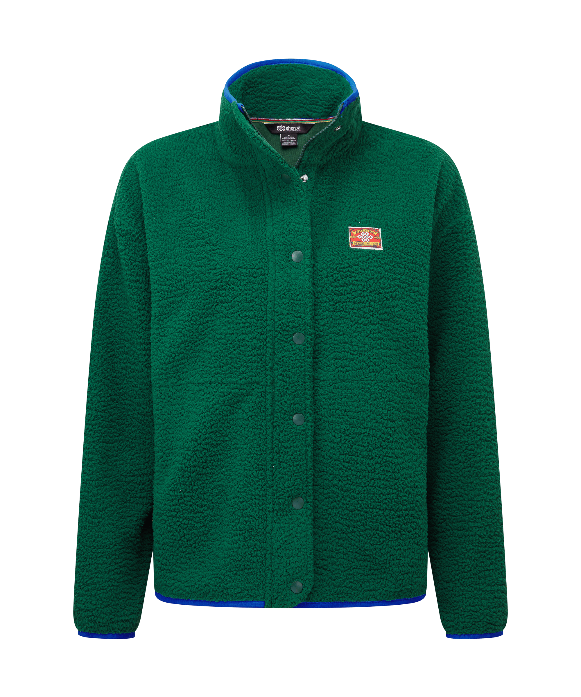 Front view of a women's Sherpa Adventure Gear full-zip fleece jacket in deep forest green. Features a stand collar, front closure, patch pockets, and a textured fleece fabric that offers lightweight insulation and comfort.