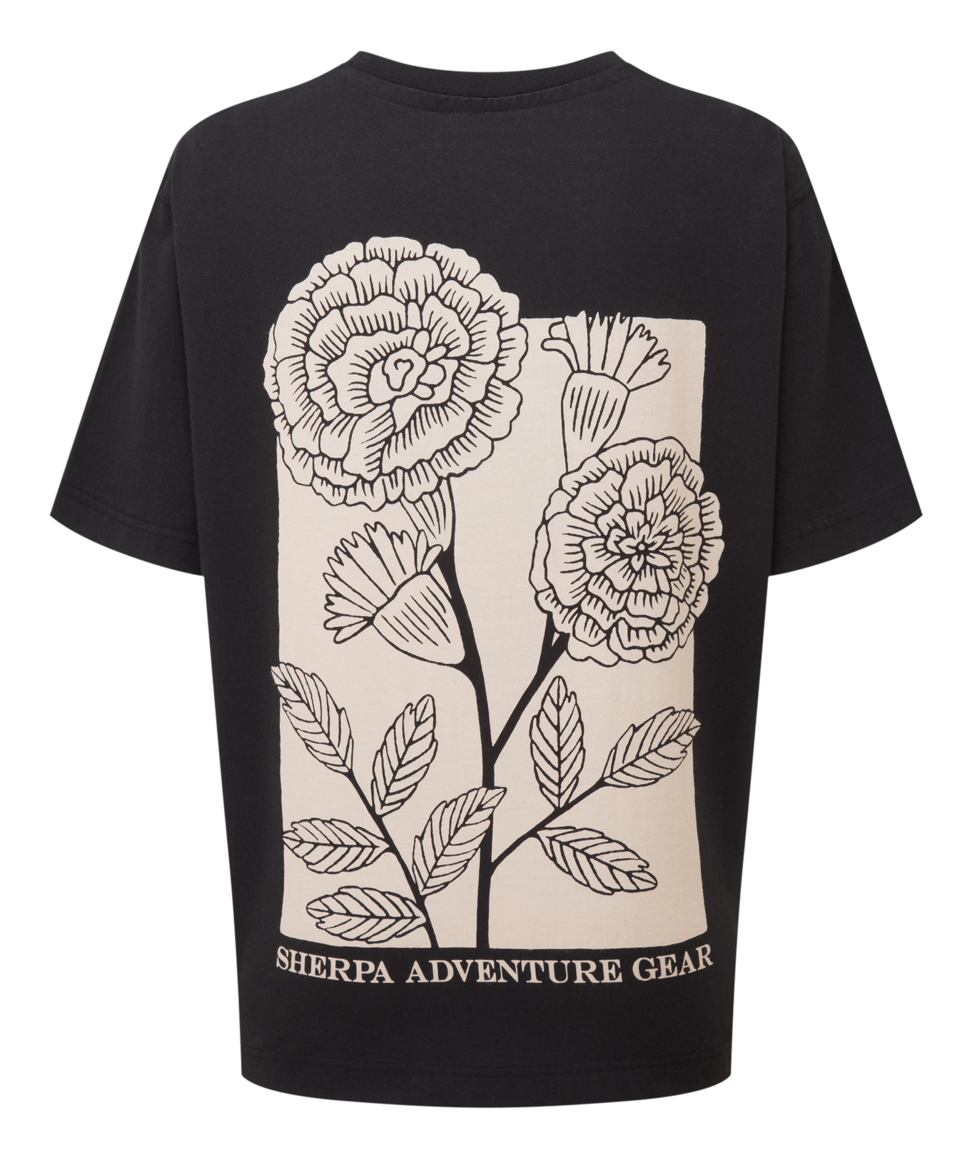 Black t-shirt with a cream, marigold design and 'Sherpa Adventure Gear' text on a white background