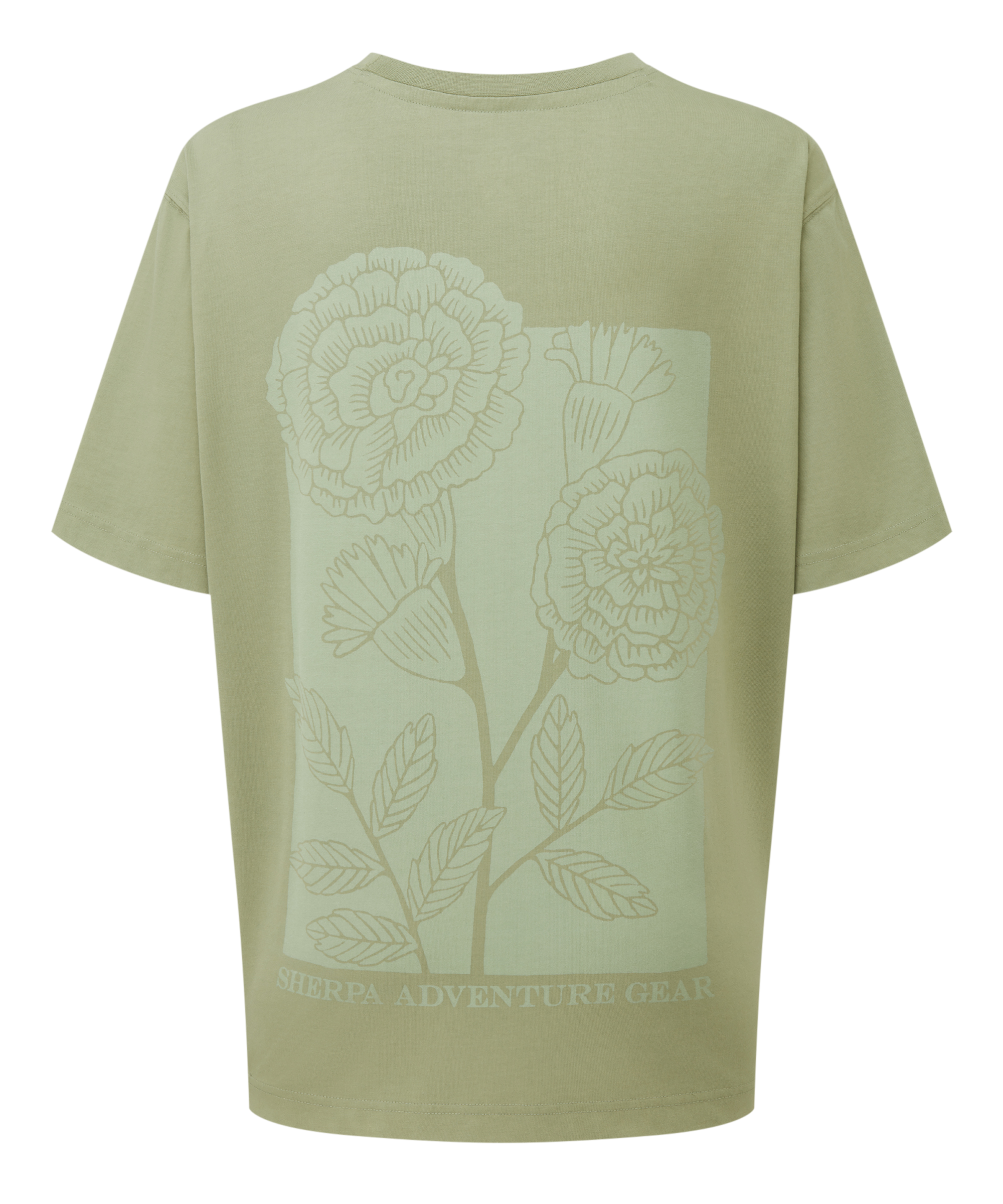 Light green t-shirt with marigold design and the text Sherpa Adventure Gear on a white background.