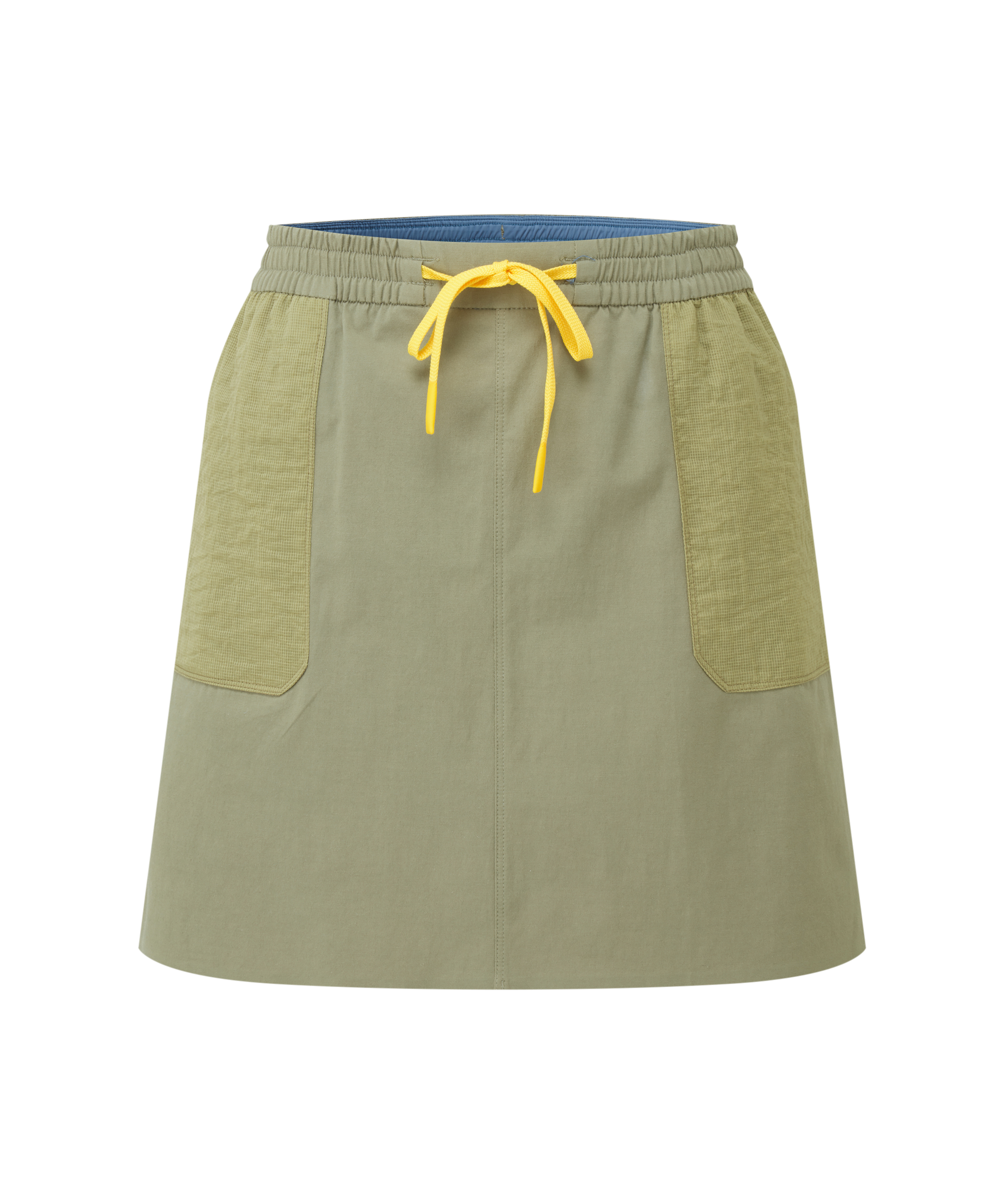 Women's green skirt with yellow drawstring on a white background