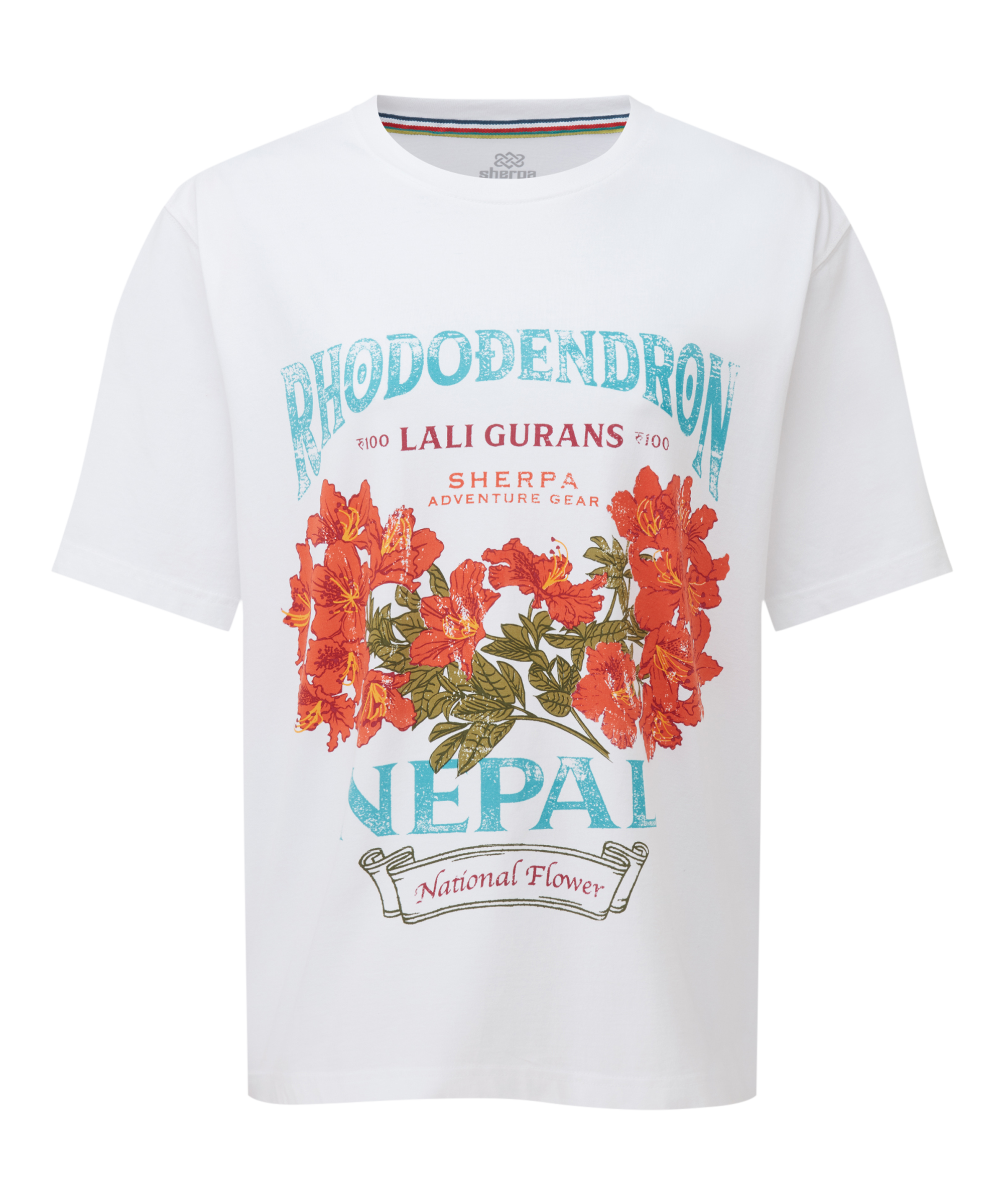 Wei§es Damen-T-Shirt mit Blumenmuster und der Aufschrift ãRhododendronÓ oben auf wei§em Hintergrund