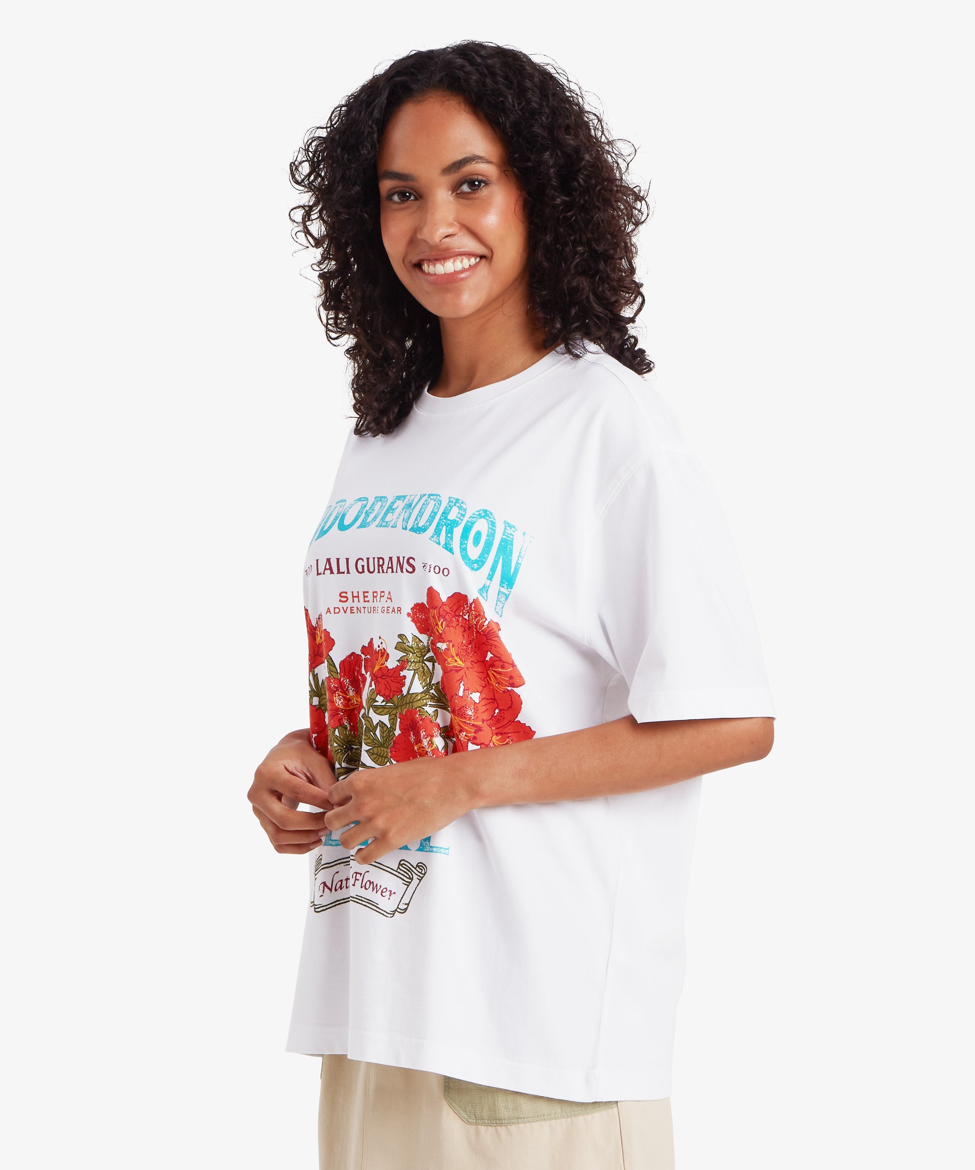 Wei§es Tarcho Rhododendron T-Shirt mit roten Blumen und Doberdron-Print