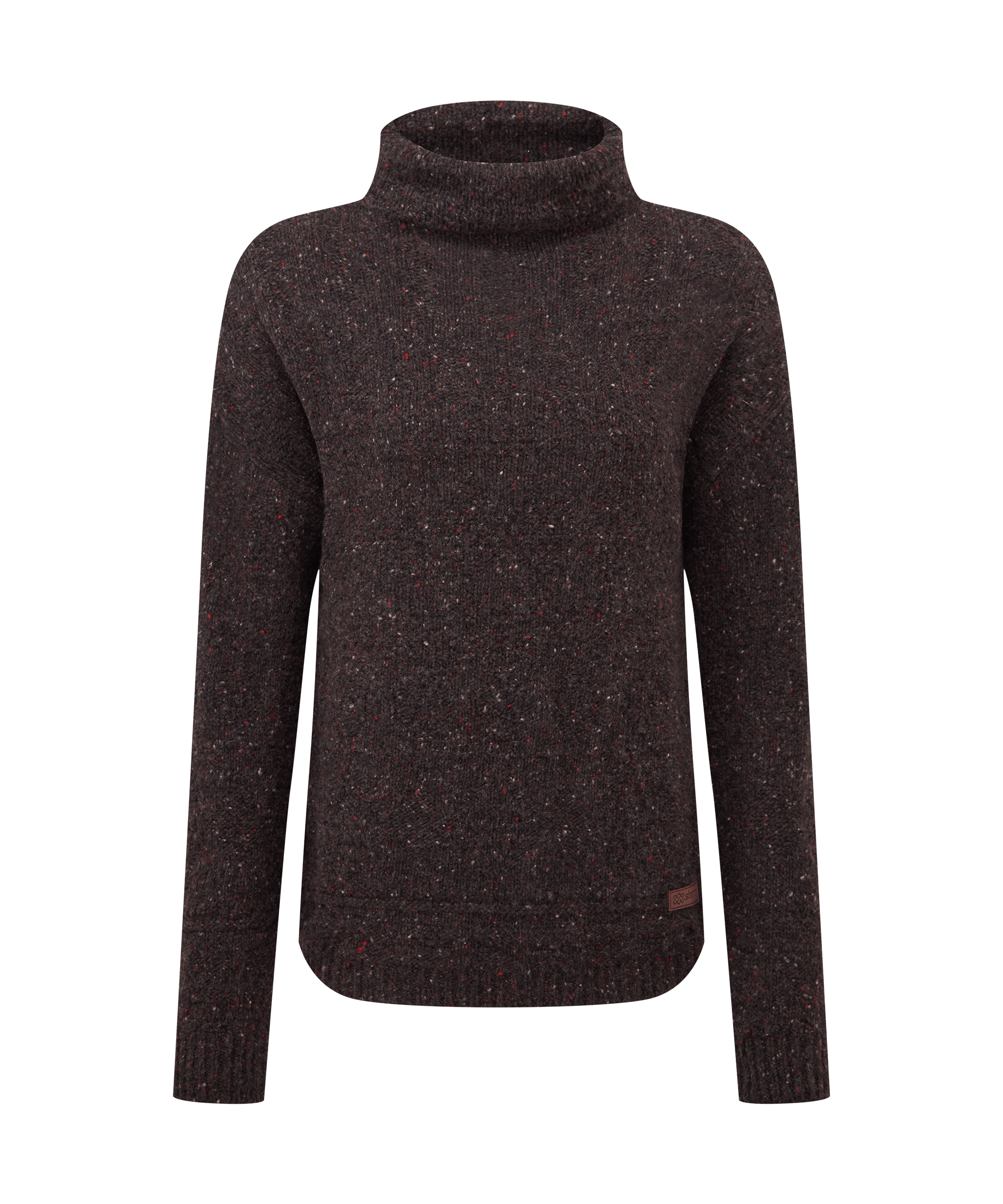 Front view of a women's Sherpa Adventure Gear turtleneck sweater in rich charcoal black. Features a high folded turtleneck, long sleeves, and a subtly flecked knit texture that adds visual depth. The slim, flattering fit makes it ideal as both a standalone piece and a layering essential.