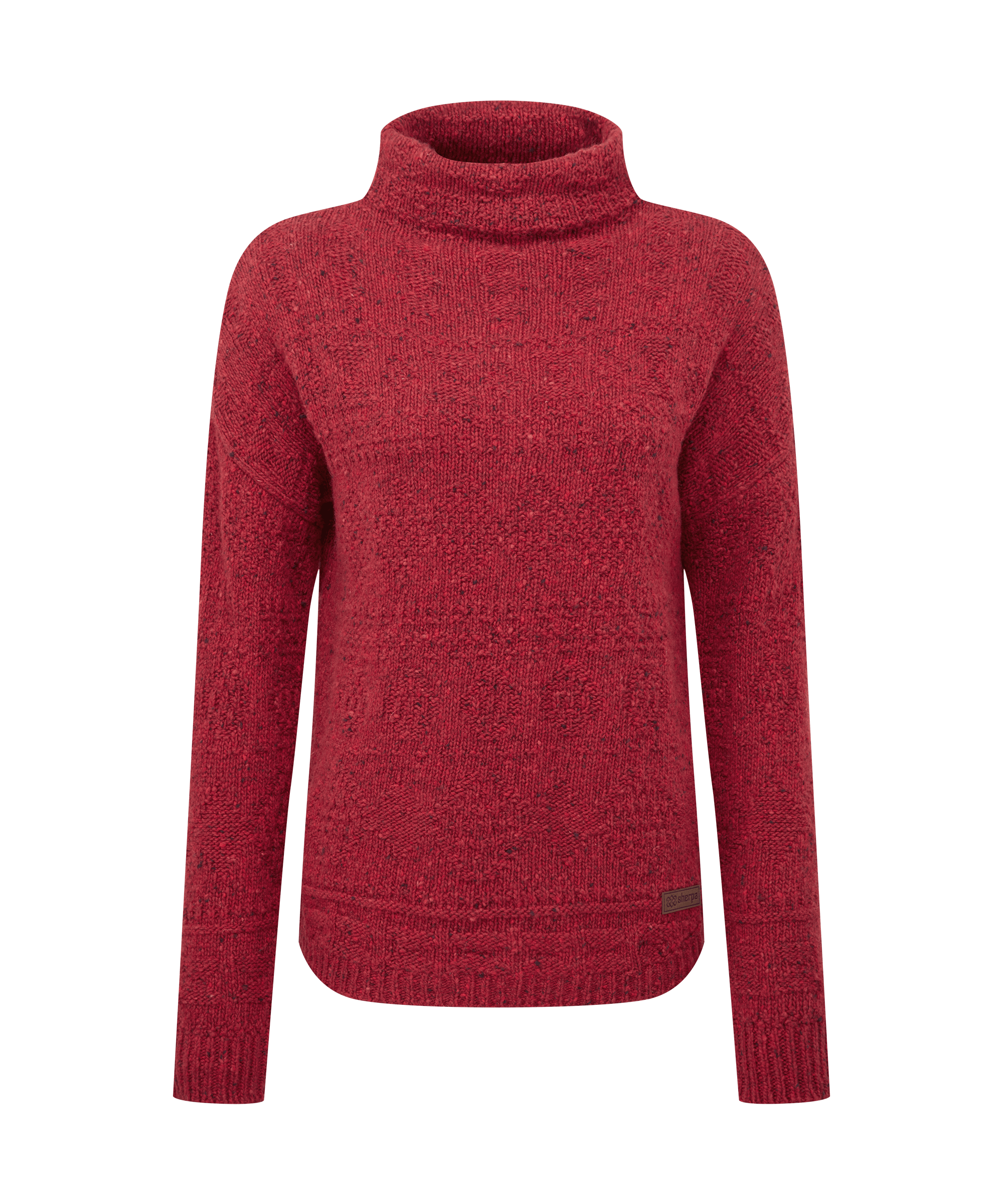 Front view of a women's Sherpa Adventure Gear turtleneck sweater in vibrant heather red. Features a cozy rolled turtleneck, long sleeves, and a soft knit construction with subtle tonal texture. Finished with a clean, streamlined silhouette for comfortable cold-weather styling.