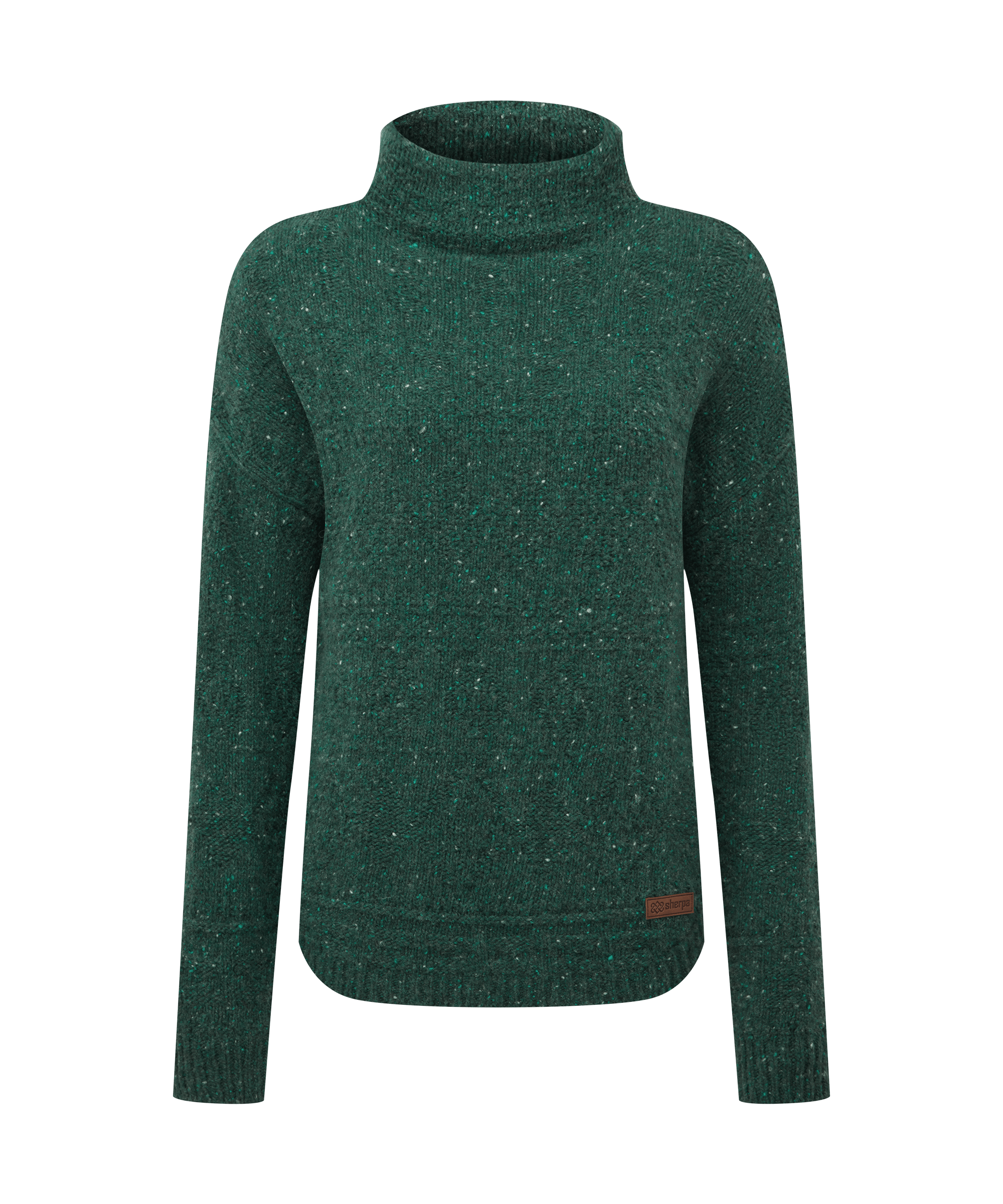 Front view of a women's Sherpa Adventure Gear turtleneck sweater in deep forest green. Features a folded turtleneck collar, long sleeves, and a textured knit fabric with a softly heathered appearance. Designed in a classic fit that provides warmth without bulk.